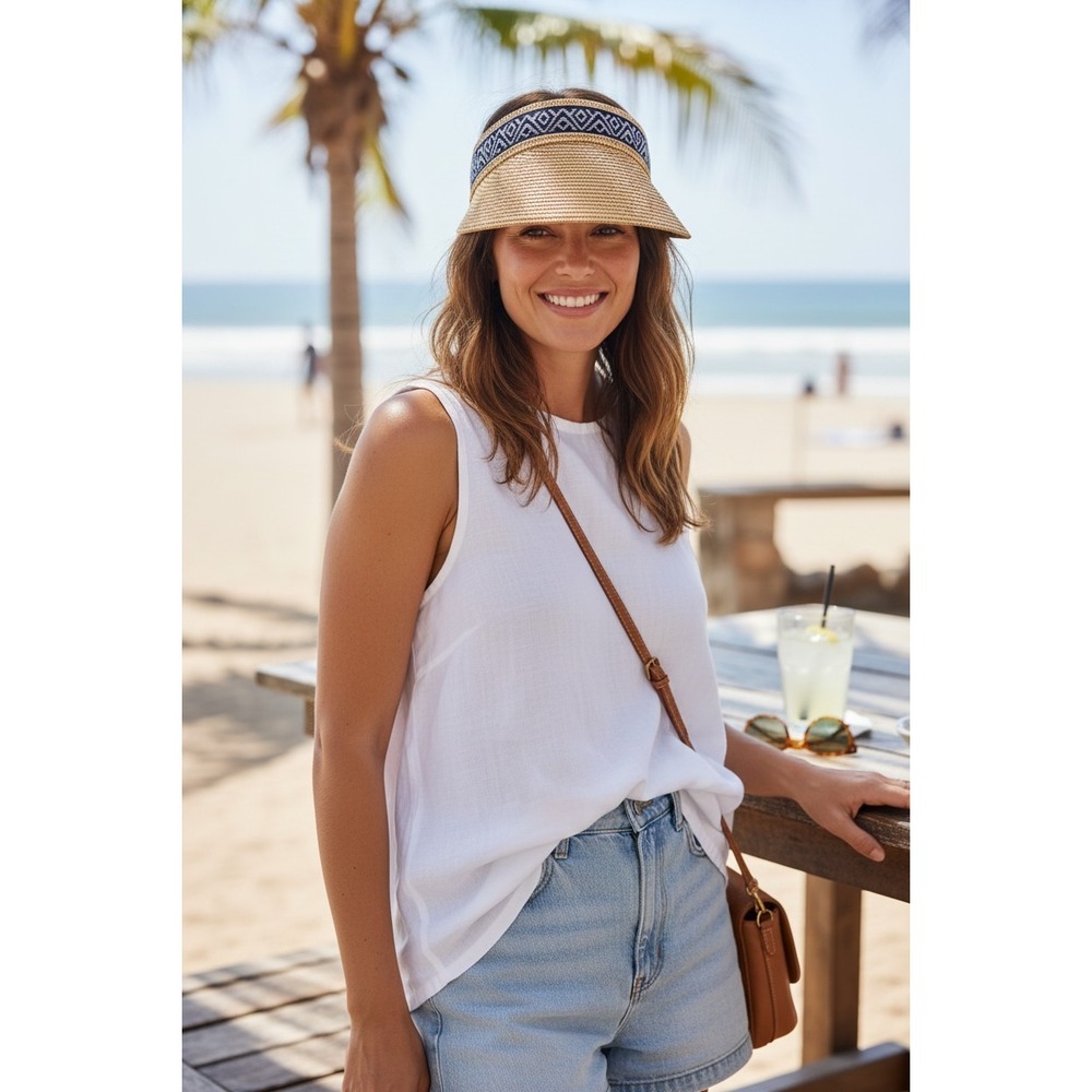 Sea & Grass Straw Visor – Woven Sun Hat – Navy Diamond Band & Bow – Adjustable